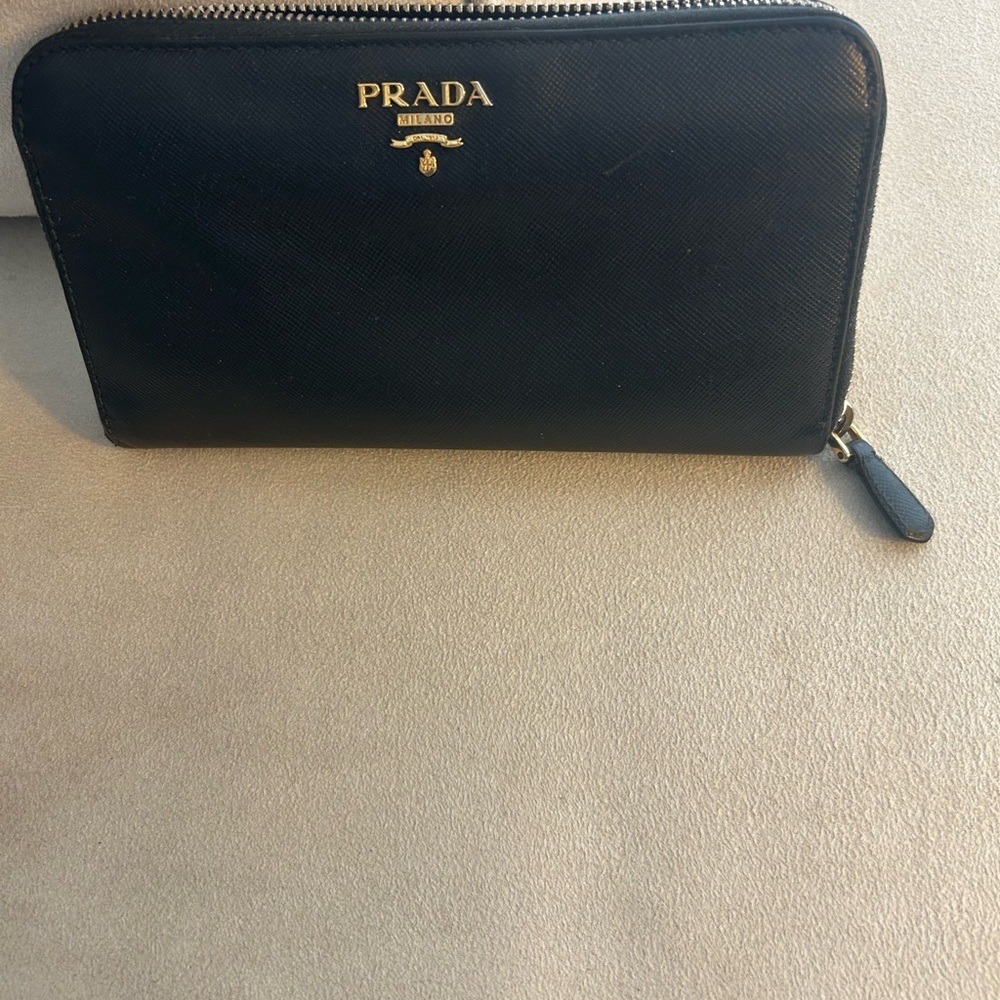 Prada Black Saffiano Leather Wallet with gold hardware